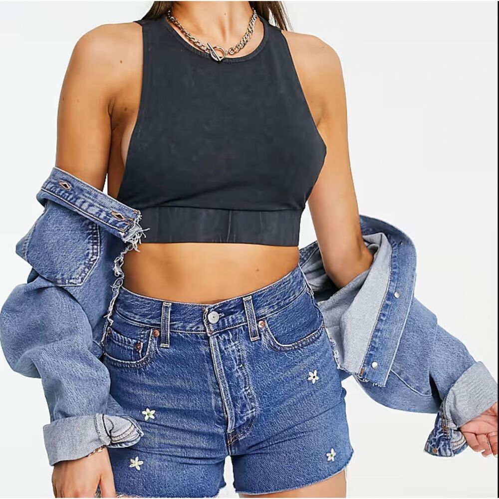 NWOT Levi's Ribcage Shorts Dark Blue Wash with Daisy Embroidery
